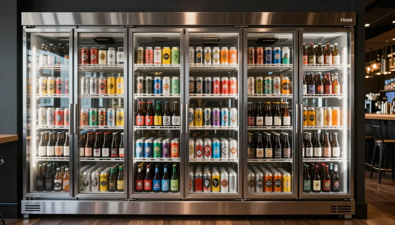 A wall of glass-fronted refrigerators filled with hundreds of colourful craft beer cans and bottles