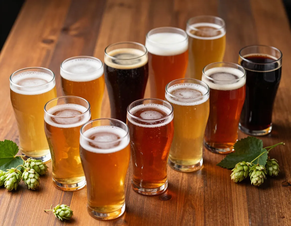 A set of tasting glasses with different beers