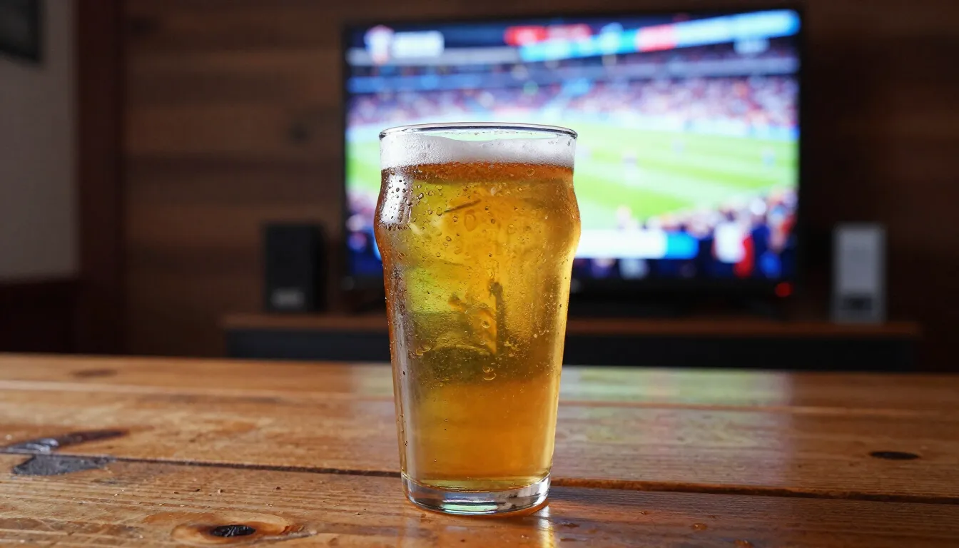 A glass of beer in front of the match