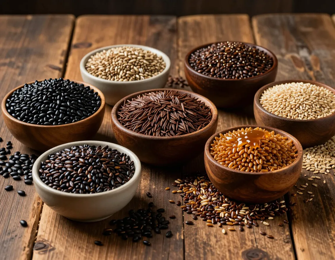 Roasted malt grains on a wooden table