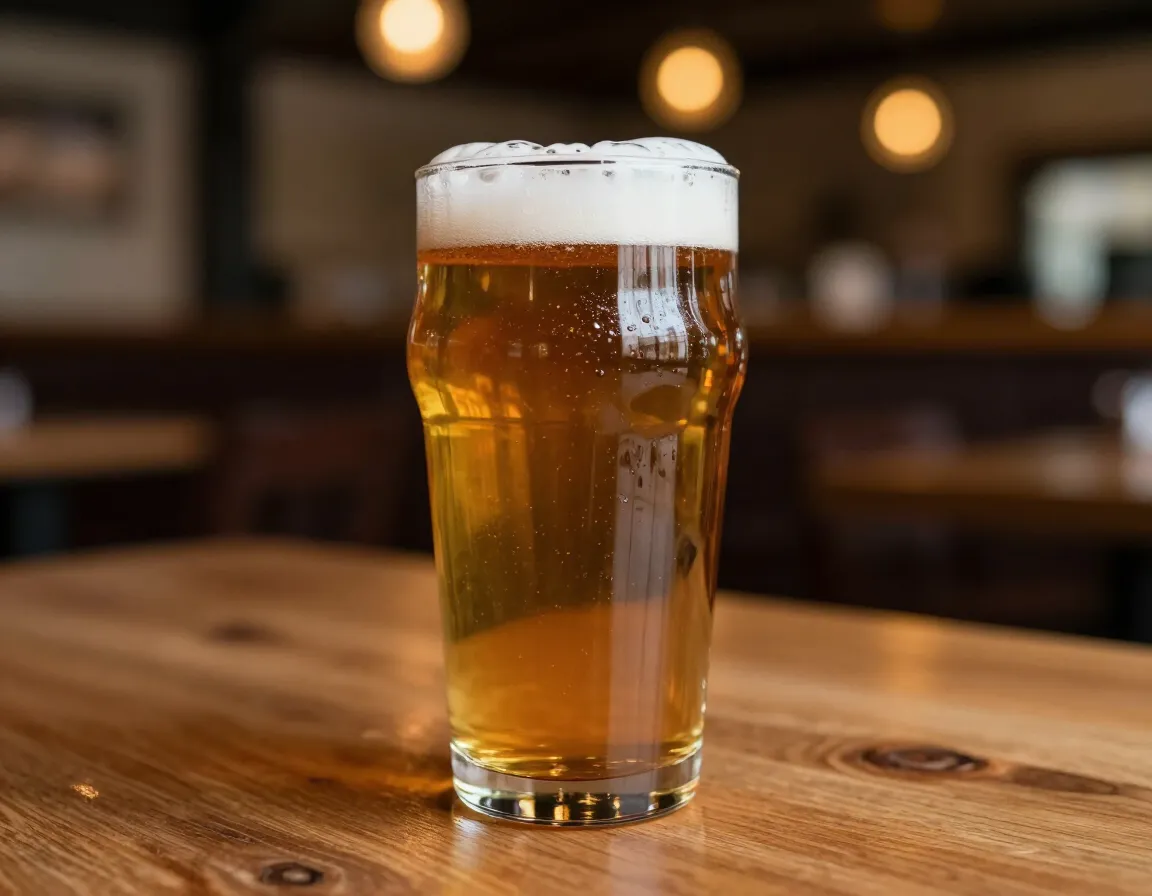 A glass of beer and snacks